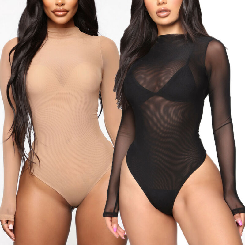 2020 Mesh Bodysuit Romper Bodycon Jumpsuit Turtleneck Skinny Body suit Transparent New Women Sexy Body Clothing Sunsuit Jumpsuit