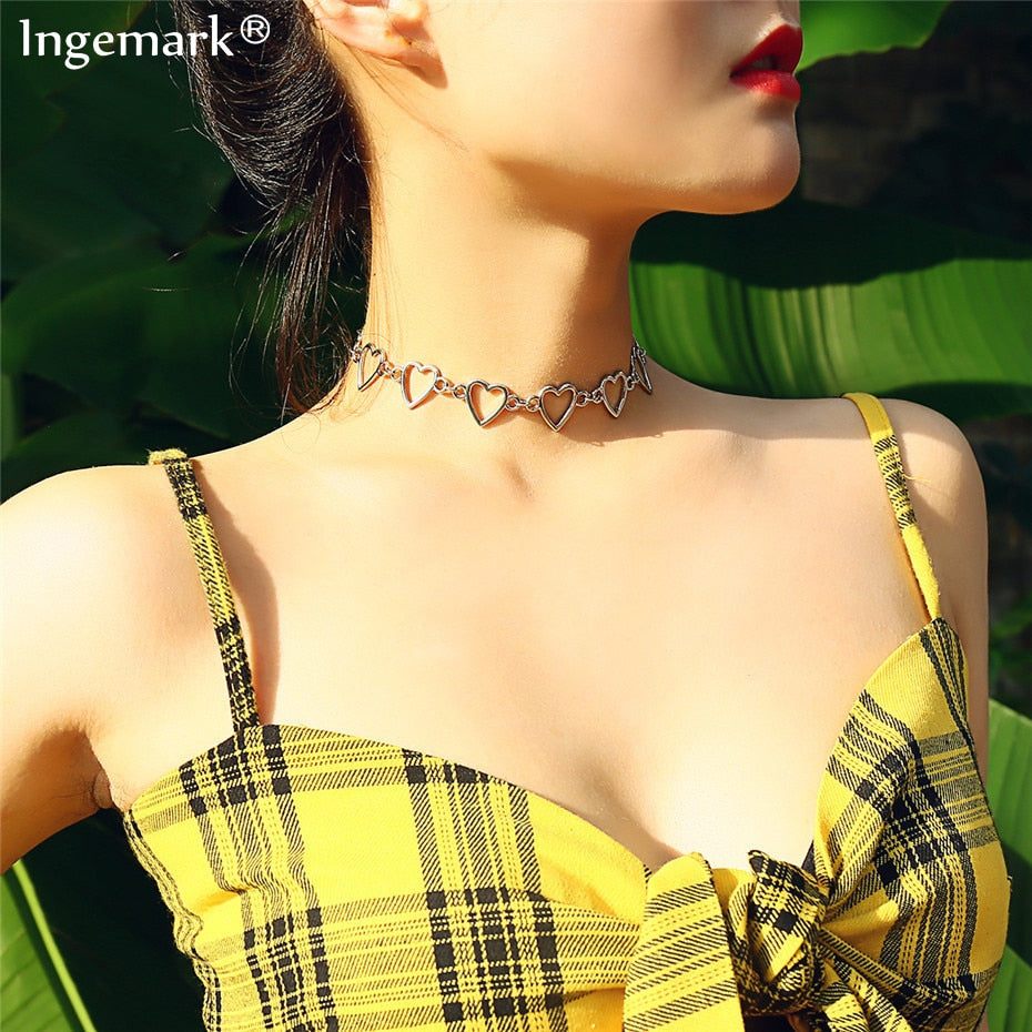 Ingemark Korean Sweet Love Heart Choker Necklace Statement Girlfriend Gift Cute Silver Color Necklace Jewelry Collier Femme 2020