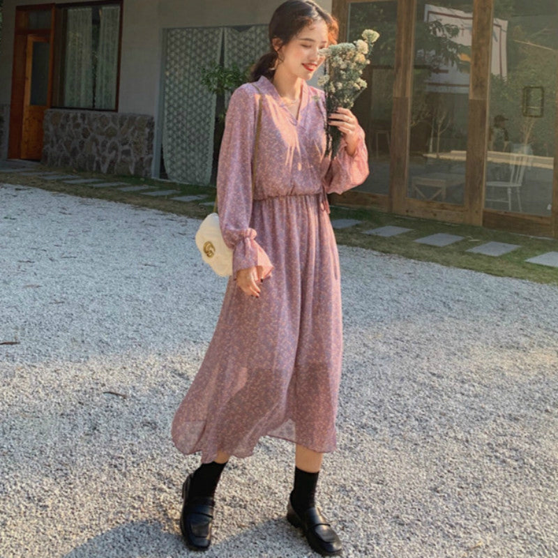 Women Chiffon Dress 2020 Spring Summer New Fashion Female Long Sleeve Vintage Print Floral A-line Dress Loose Casual Dresses