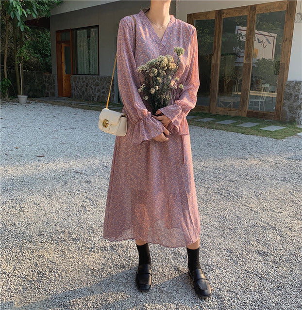 Women Chiffon Dress 2020 Spring Summer New Fashion Female Long Sleeve Vintage Print Floral A-line Dress Loose Casual Dresses