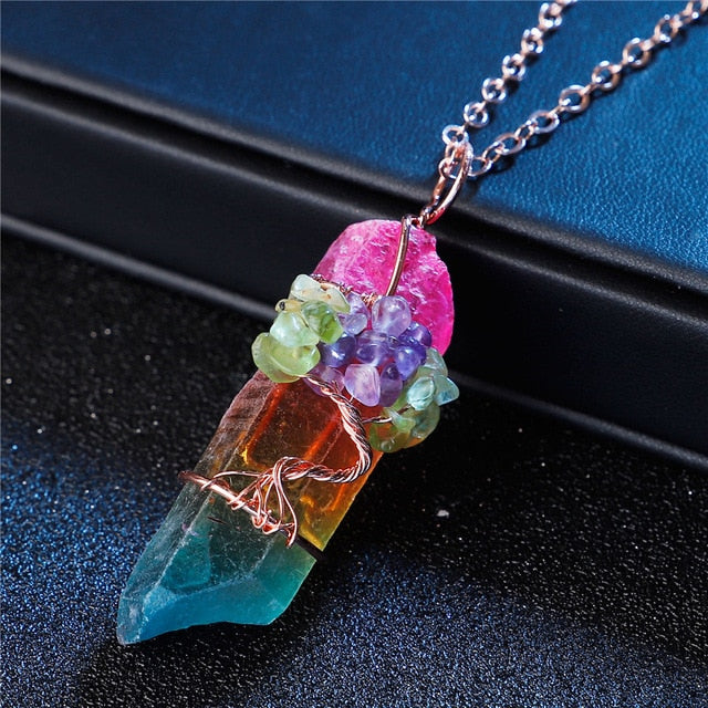 SEDmart 7Chakra Ainbow Natural Stone Copper Wire Pendant Necklace for Women Men Long Chain  Tree of Life Statement Jewelry Gift