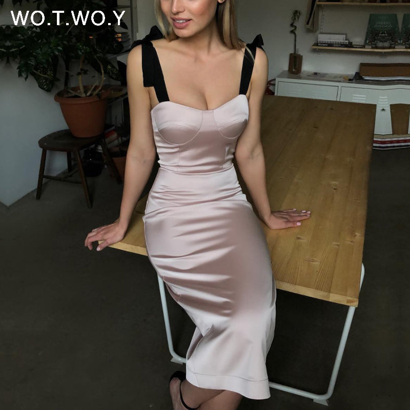 WOTWOY Vintage Bodycon Pencil Dress Women Spaghetti Strap Sexy Shealth Dresses Femme Summer Solid Slash Neck Vestidos Women 2020