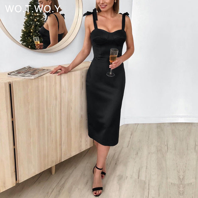WOTWOY Vintage Bodycon Pencil Dress Women Spaghetti Strap Sexy Shealth Dresses Femme Summer Solid Slash Neck Vestidos Women 2020