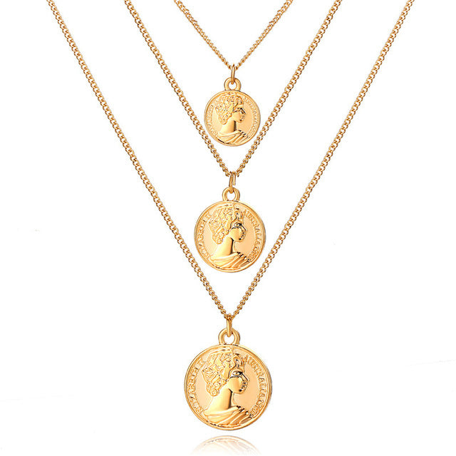 Vintage Gold Portrait Coin Pearl Pendant Necklaces For Women Bohemia Fashion Multi-layer Pearl Long Necklace 2020 Jewelry