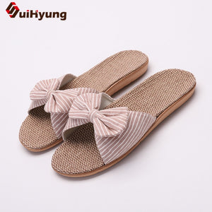 Suihyung Women Summer Casual Slides Comfortable Flax Slippers Striped Bow Linen Flip Flops Platform Sandals Ladies Indoor Shoes