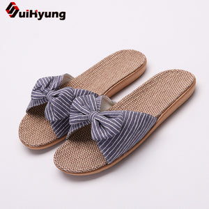 Suihyung Women Summer Casual Slides Comfortable Flax Slippers Striped Bow Linen Flip Flops Platform Sandals Ladies Indoor Shoes