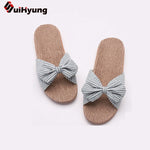 Suihyung Women Summer Casual Slides Comfortable Flax Slippers Striped Bow Linen Flip Flops Platform Sandals Ladies Indoor Shoes