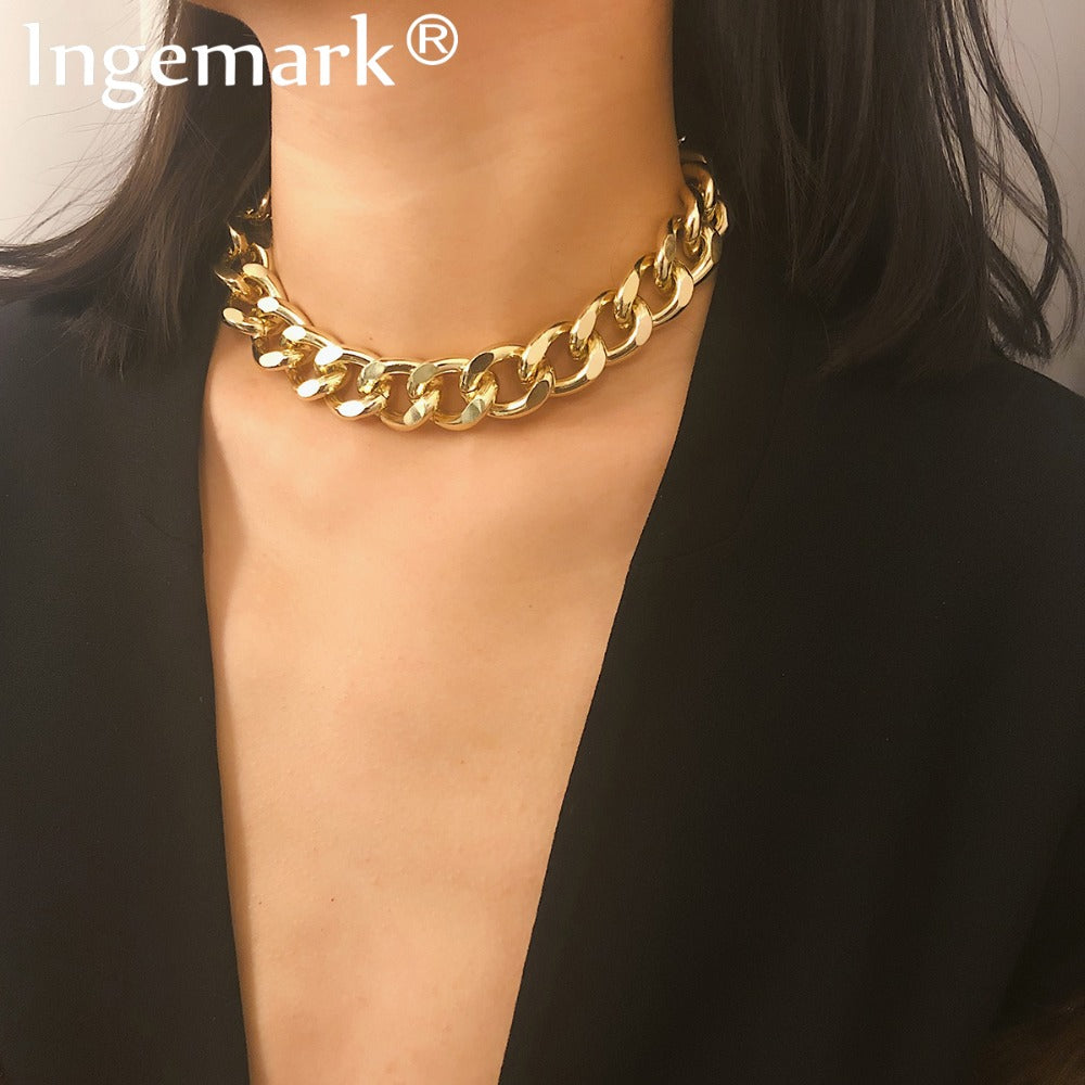 Punk Miami Cuban Choker Necklace Collar Statement Hip Hop Big Chunky Aluminum Gold Color Thick Chain Necklace Women Jewelry