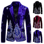 PYJTRL Men Autumn Winter Burgundy Blue Black Velvet Embroidered Suit Jacket Blazers