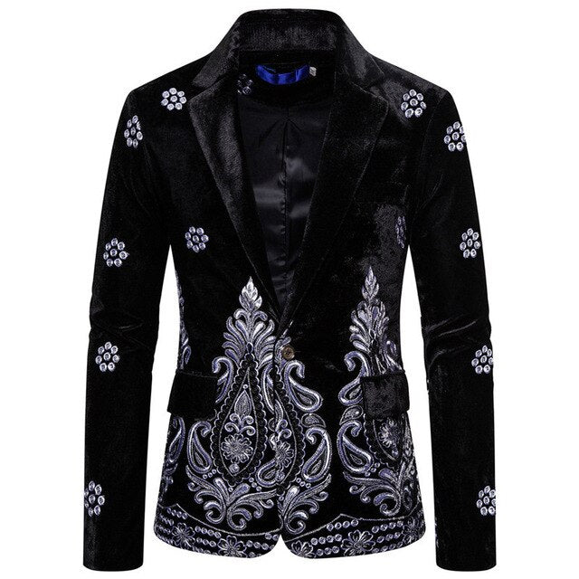 PYJTRL Men Autumn Winter Burgundy Blue Black Velvet Embroidered Suit Jacket Blazers