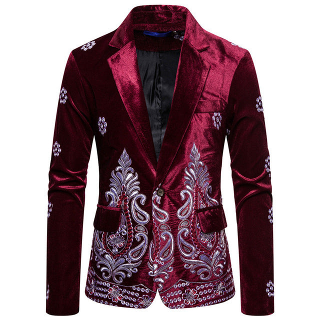 PYJTRL Men Autumn Winter Burgundy Blue Black Velvet Embroidered Suit Jacket Blazers