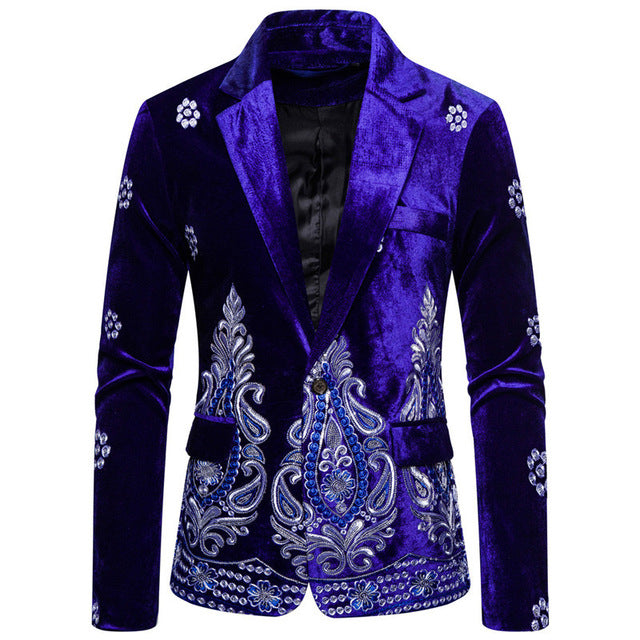 PYJTRL Men Autumn Winter Burgundy Blue Black Velvet Embroidered Suit Jacket Blazers