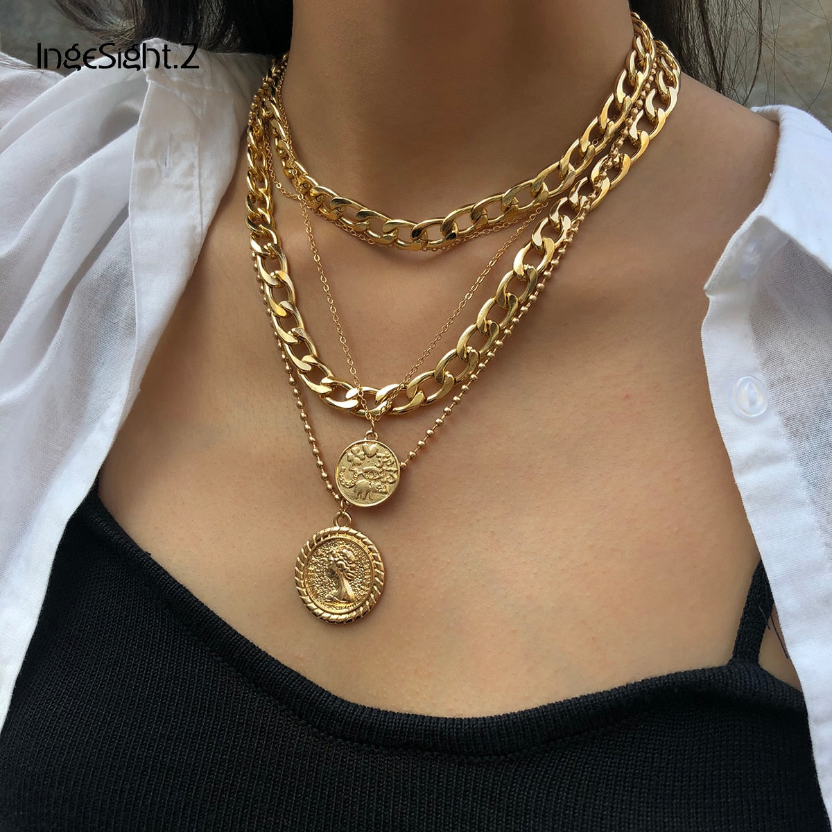 IngeSight.Z Punk Multi Layer Curb Cuban Chunky Thick Portrait Choker Necklace Women Vintage Carved Coin Pendant Necklace Jewelry