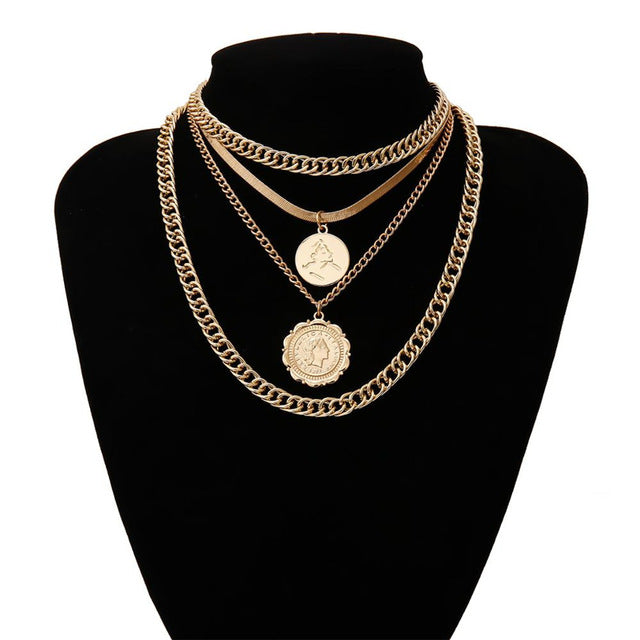 IngeSight.Z Punk Multi Layer Curb Cuban Chunky Thick Portrait Choker Necklace Women Vintage Carved Coin Pendant Necklace Jewelry