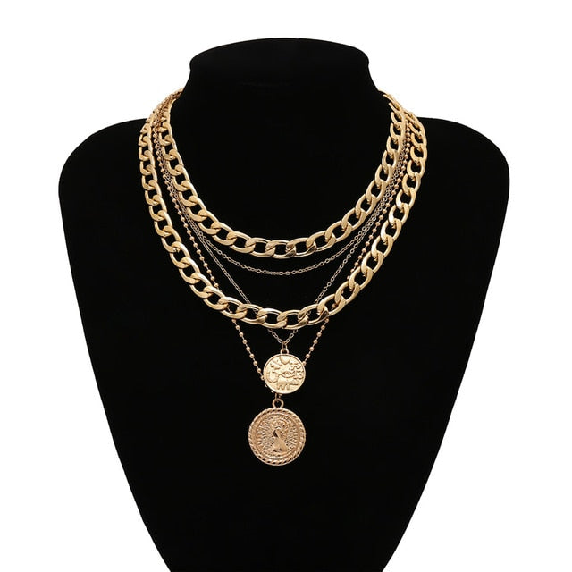 IngeSight.Z Punk Multi Layer Curb Cuban Chunky Thick Portrait Choker Necklace Women Vintage Carved Coin Pendant Necklace Jewelry