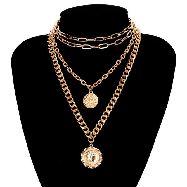 IngeSight.Z Punk Multi Layer Curb Cuban Chunky Thick Portrait Choker Necklace Women Vintage Carved Coin Pendant Necklace Jewelry