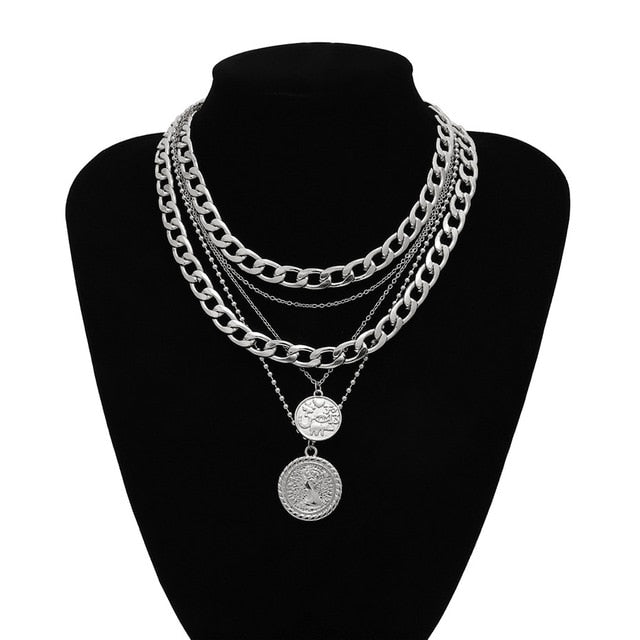 IngeSight.Z Punk Multi Layer Curb Cuban Chunky Thick Portrait Choker Necklace Women Vintage Carved Coin Pendant Necklace Jewelry