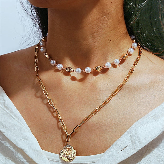 Elegant Flower Pearl Choker Necklaces For Women Gold Coin Bow Knot Pendant Necklace Long Chain Jewelry Party Gifts