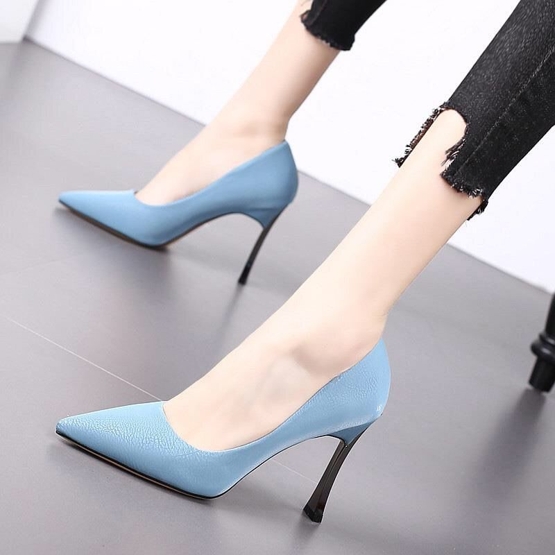 Chic Stiletto Sexy Light Blue High Heels Pointed toe Court office Shoes Classic Fashion Casual Faux leather heels comfortable