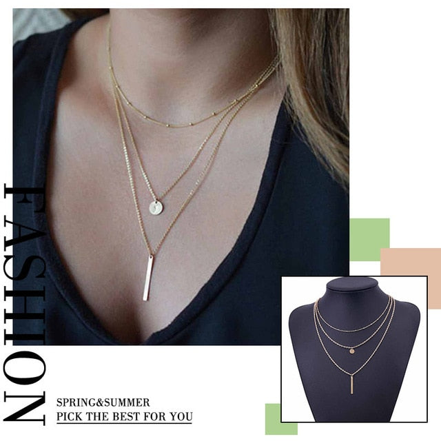 VKME 2017 Women's Fashion Jewelry Colar 1pc European Simple Gold Silver Plated Multi Layers Bar Coin Necklace Clavicle Chains