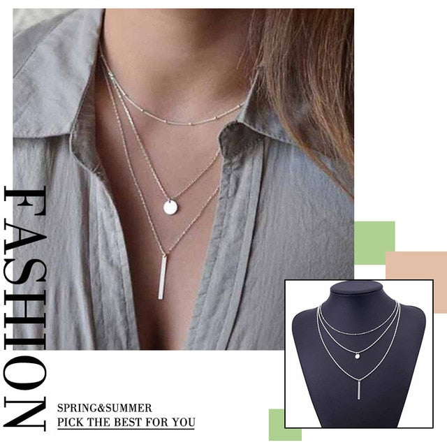 VKME 2017 Women's Fashion Jewelry Colar 1pc European Simple Gold Silver Plated Multi Layers Bar Coin Necklace Clavicle Chains