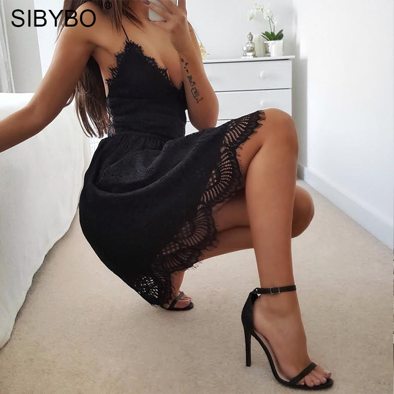 Sibybo Backless Spaghetti Strap Sexy Lace Dress Women Sleeveless V-Neck Loose Summer Dress Cotton Black Elegant Party Dresses