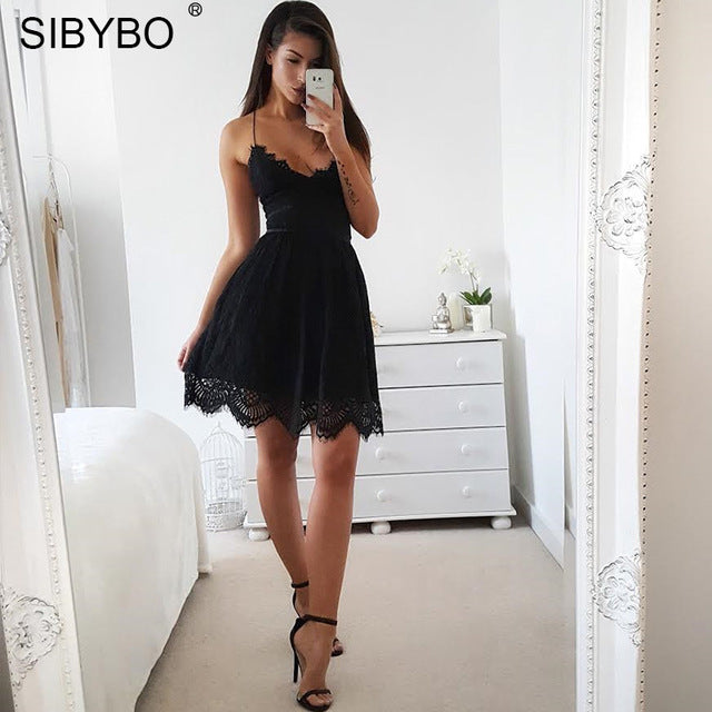 Sibybo Backless Spaghetti Strap Sexy Lace Dress Women Sleeveless V-Neck Loose Summer Dress Cotton Black Elegant Party Dresses