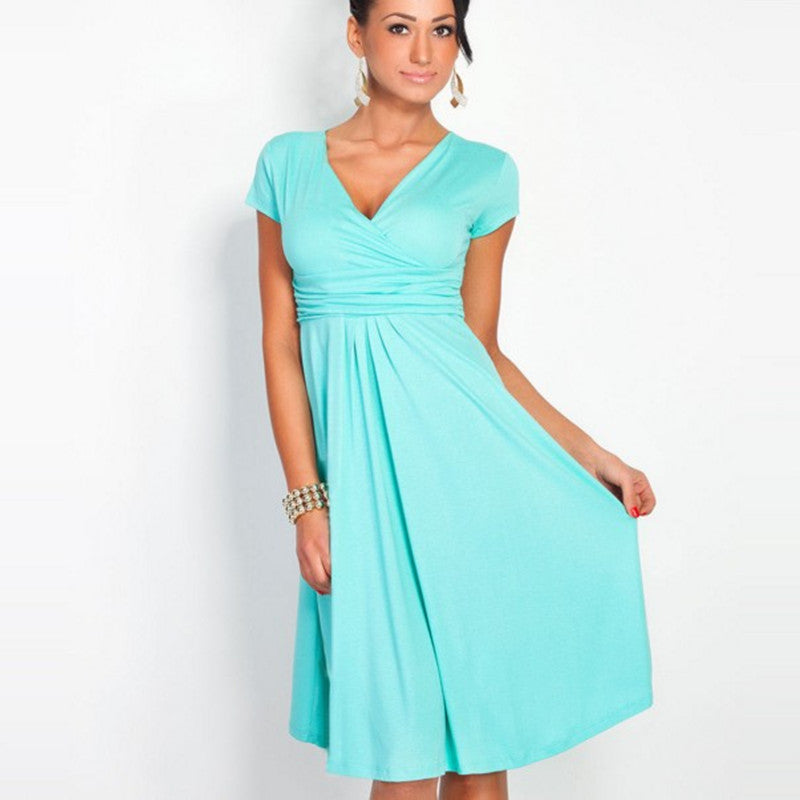 FASHION Women's Sexy V-Neck Dress Stretchy Tunic Short Sleeve Casual Dresses Loose Hem Robe Femme Elastic Clothes S-XXL