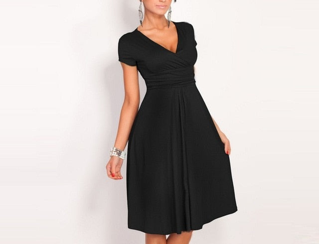 FASHION Women's Sexy V-Neck Dress Stretchy Tunic Short Sleeve Casual Dresses Loose Hem Robe Femme Elastic Clothes S-XXL
