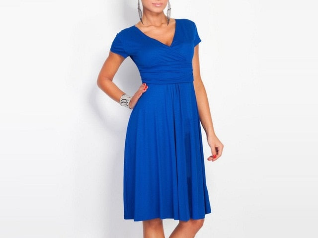 FASHION Women's Sexy V-Neck Dress Stretchy Tunic Short Sleeve Casual Dresses Loose Hem Robe Femme Elastic Clothes S-XXL