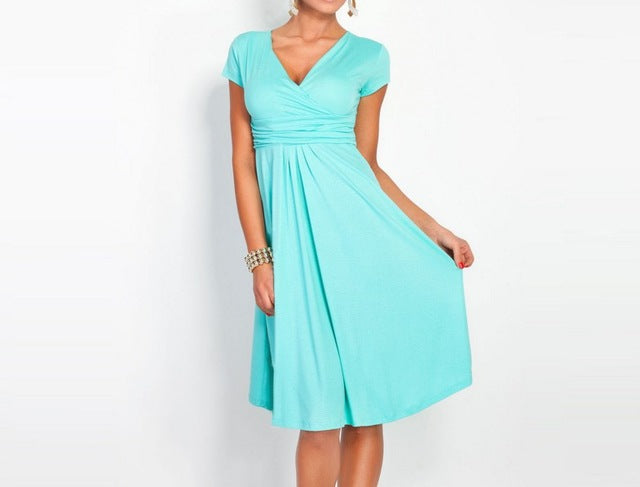 FASHION Women's Sexy V-Neck Dress Stretchy Tunic Short Sleeve Casual Dresses Loose Hem Robe Femme Elastic Clothes S-XXL