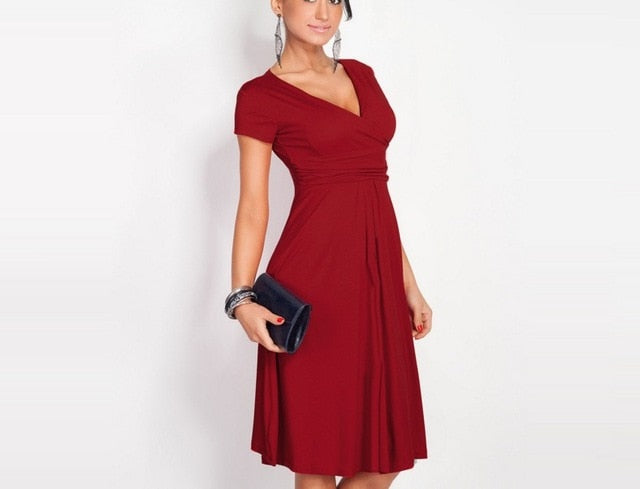 FASHION Women's Sexy V-Neck Dress Stretchy Tunic Short Sleeve Casual Dresses Loose Hem Robe Femme Elastic Clothes S-XXL