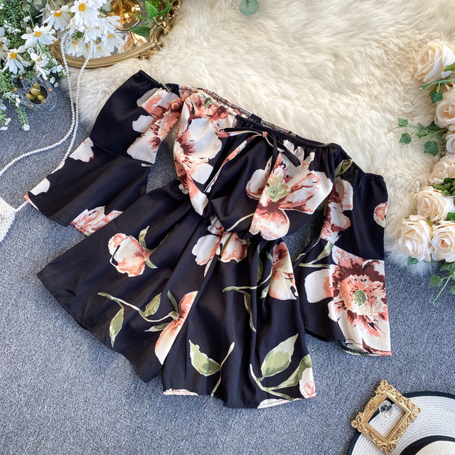 2020 summer new chiffon women playsuits and rompers floral slash neck flare sleeved wide leg short lady clothing tops