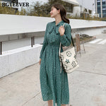 BGTEEVER Bow-neck Polka Dots Female Dress Full Sleeve Elastic Waist Chiffon Pleated Women Dress 2019 Autumn Midi Vestidos femme