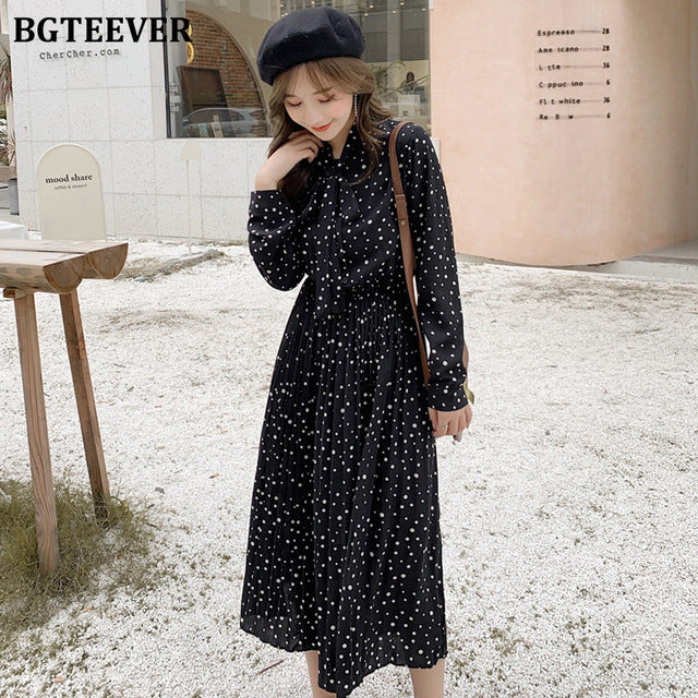 BGTEEVER Bow-neck Polka Dots Female Dress Full Sleeve Elastic Waist Chiffon Pleated Women Dress 2019 Autumn Midi Vestidos femme