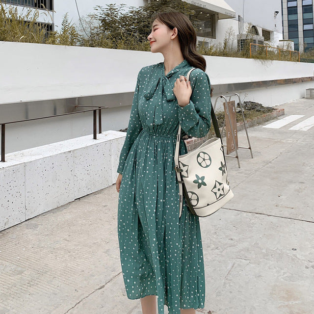 BGTEEVER Bow-neck Polka Dots Female Dress Full Sleeve Elastic Waist Chiffon Pleated Women Dress 2019 Autumn Midi Vestidos femme