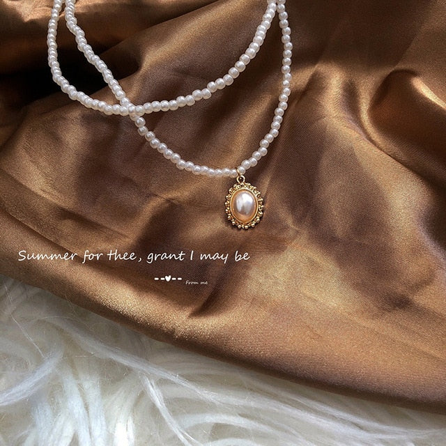 Kpop Fashion Pearl Choker Necklace Women Cute Girl Double Layer Chain Silver Gold Pendant Chokers Necklaces 2020 Jewelry Woman