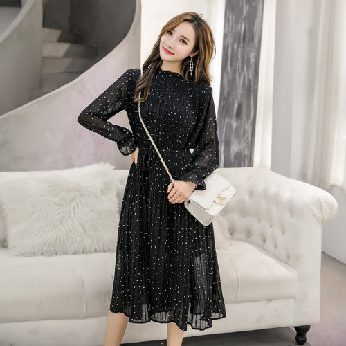 Black Vintage ClotheS Spring Lady Long Chiffon Dress 2019 New Korean Fashion Women Long Sleeved Polka Dot Pleated Dress  3670 50