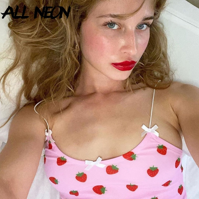 ALLNeon Kawaii Pink Cropped Camis Tops Spaghetti Strap Strawberry Print Summer Crop Tops for Women Vintage Sweet Ladies Tanks