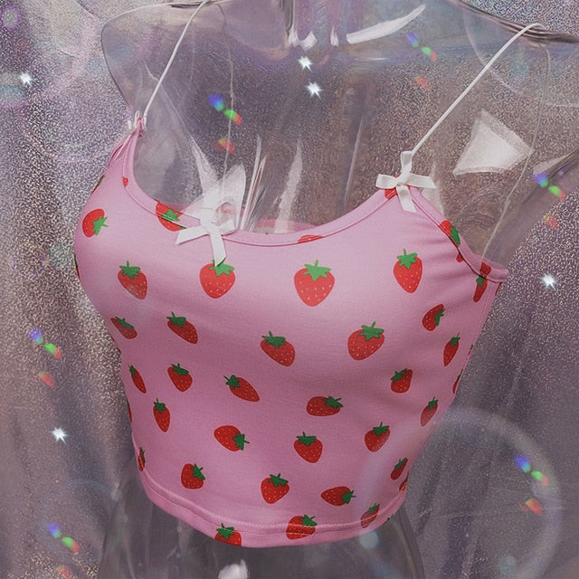 ALLNeon Kawaii Pink Cropped Camis Tops Spaghetti Strap Strawberry Print Summer Crop Tops for Women Vintage Sweet Ladies Tanks