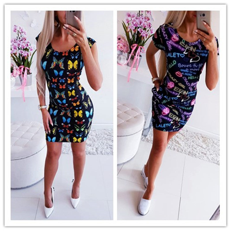 New Arrival 2019 Summer Dresses Sexy Slim Bodycon Pencil Mini Party Dresses Women Short Sleeve Letter Butterfly 3D Printed Dress