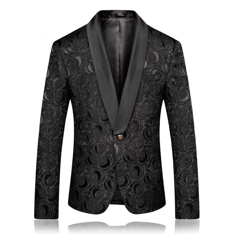 PYJTRL Mens Fashion Black Jacquard Rose Blazer Slim Fit Suit Jacket