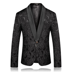 PYJTRL Mens Fashion Black Jacquard Rose Blazer Slim Fit Suit Jacket