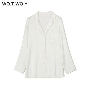 WOTWOY Elegant Long Sleeve Silk Blouses Women Summer White Blouse Shirt Female Blusa Feminina Tops Haut Femme Kimono 2020 New