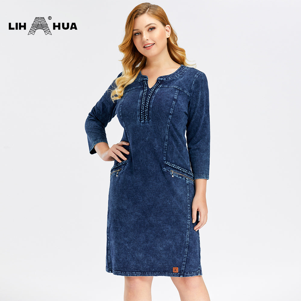 LIH HUA Women's Plus Size Denim Dress high flexibility  Slim Fit Dress Casual Dress Shoulder pads for clothing