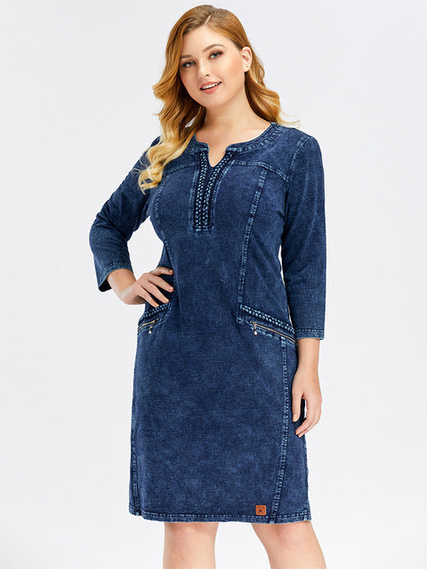 LIH HUA Women's Plus Size Denim Dress high flexibility  Slim Fit Dress Casual Dress Shoulder pads for clothing