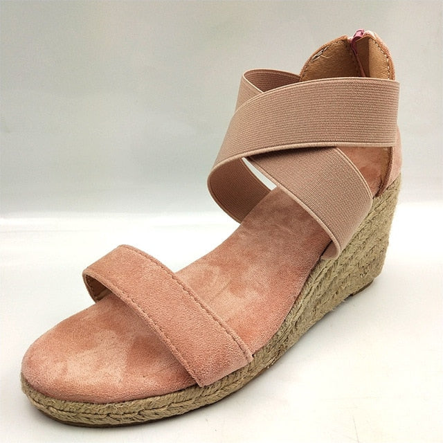 Summer Women Wedges Sandals Elastic Band Peep Toe Woman Shoes Cross Platform Hemp Bottom Ladies Sandals Female Plus Size 2020