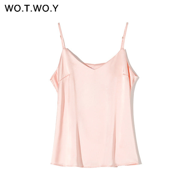 WOTWOY Sexy Deep V-neck Slim Tank Top Women Sleeveless Solid Skinny Female Camisole Fashion Tops Women Summer 2020 Soft Touching