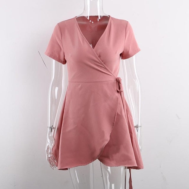 Nadafair V Neck Pink Mini Wrap Dress Short Sleeve Holiday Summer Mini Dress Women Casual Lace Up Short Shirt Dresses Women Black