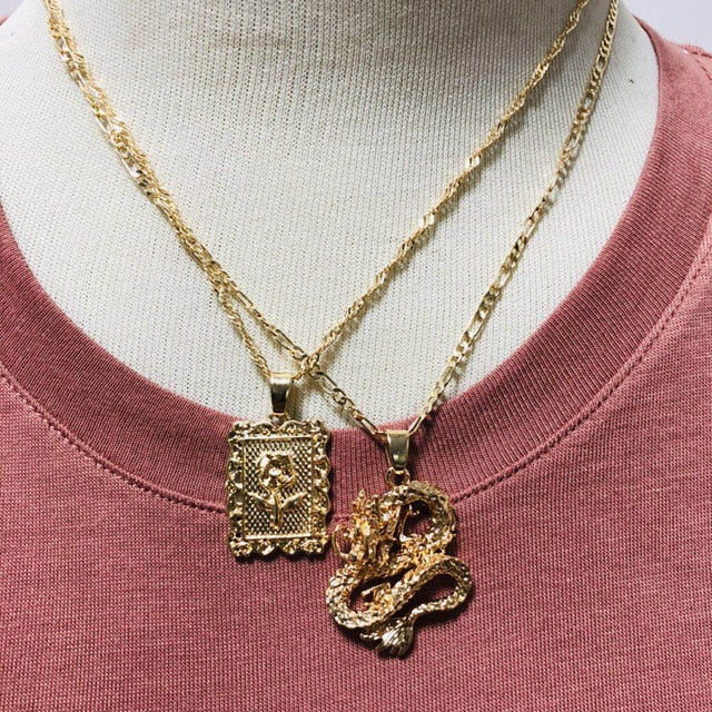 ALYXUY New Fashion Dragon Pendant Necklaces for Women Gold Color Rose Choker Necklace Mascot Ornaments Jewelry  Gift